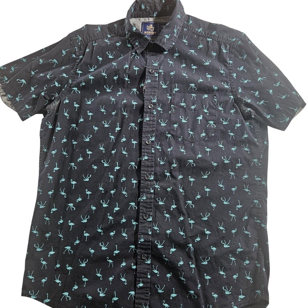 Rugby University Shirt Mens Large Black Flamingo Short Sleeve Button Up Casual